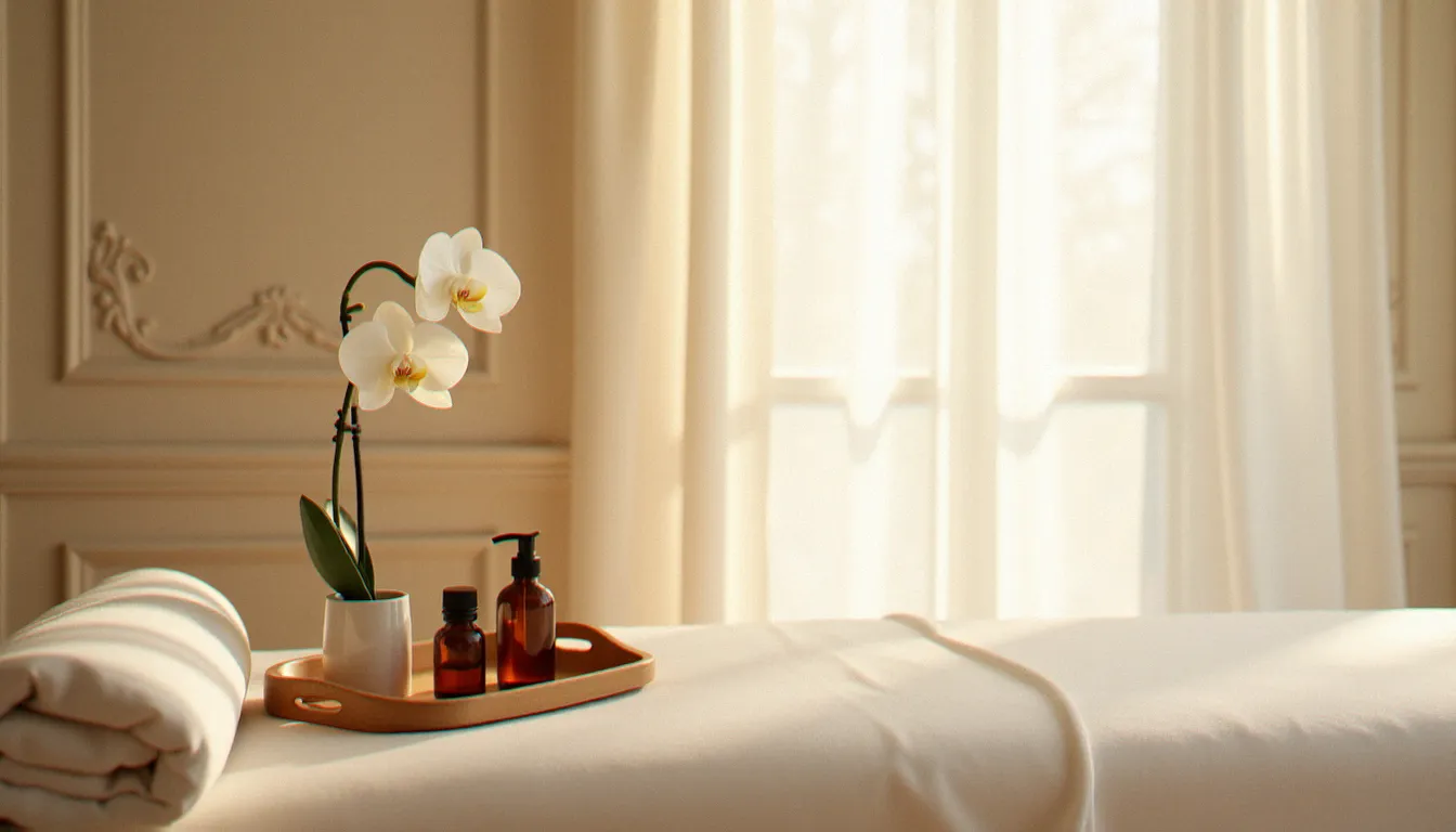 Salle de massage parisienne lumineuse avec table de massage bien-être drapée de lin blanc, huiles essentielles et orchidée blanche, incarnant l'ambiance d'un massage meilleur Paris