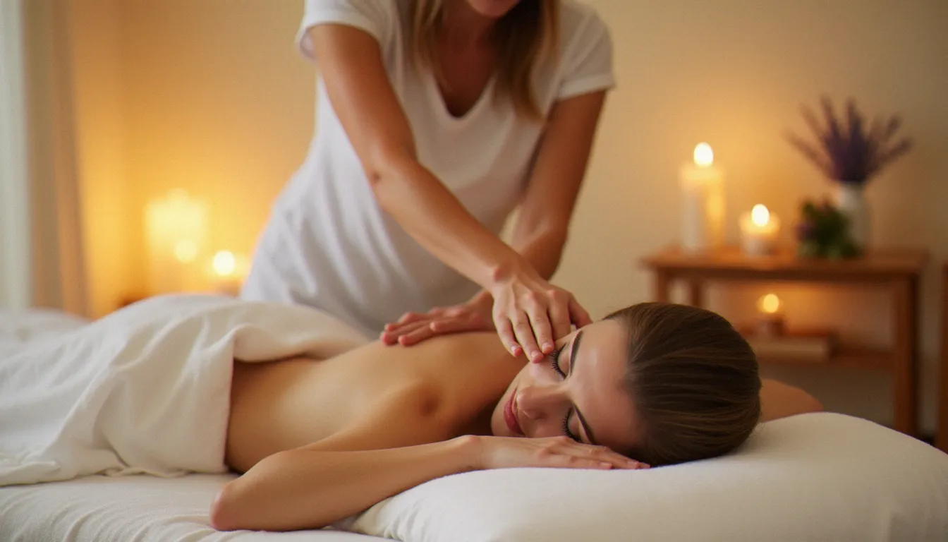 Séance de massage meilleur Paris réalisée par une praticienne sur une table de soin blanche dans un cabinet bien-être chaleureux