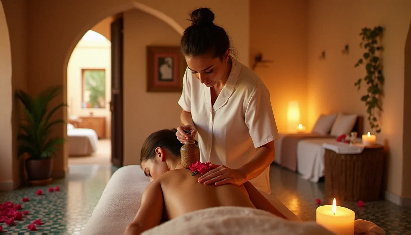 Praticienne versant de l'huile d'argan lors d'un massage dans le spa d'un riad de Marrakech, ambiance lumière dorée et décor traditionnel marocain