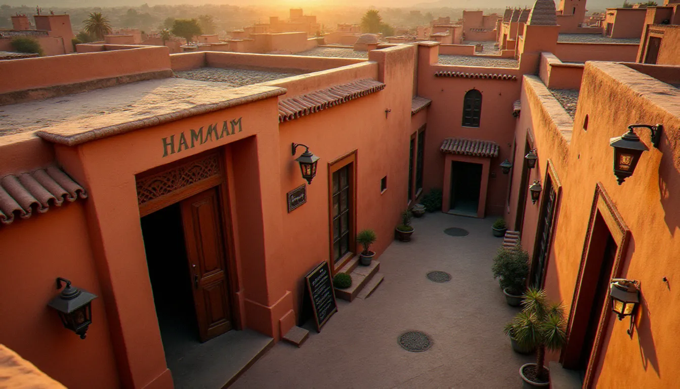 Vue aérienne des ruelles de la médina de Marrakech au coucher du soleil avec une entrée de hammam traditionnel éclairée à la lanterne