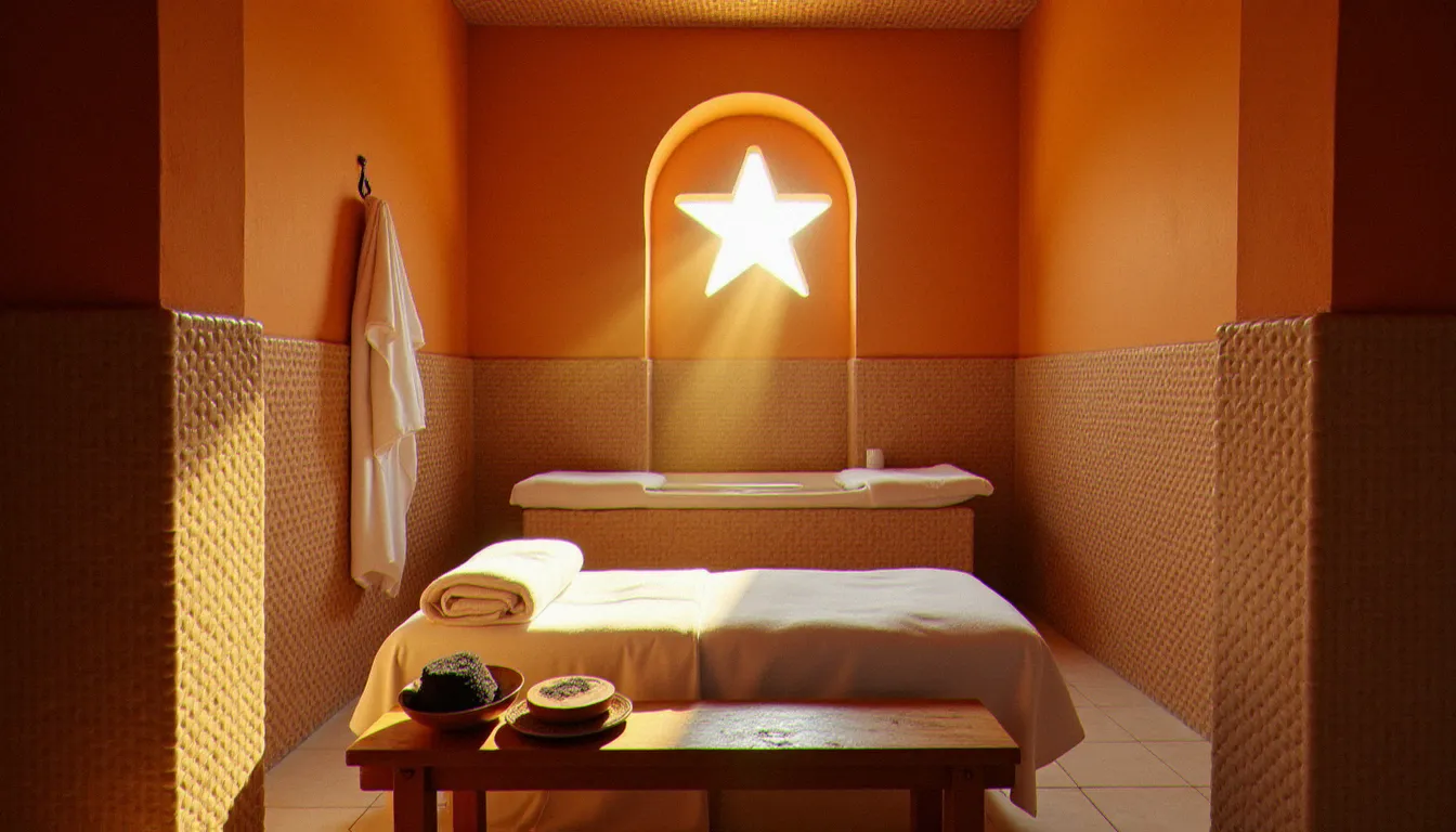 Intérieur d'un hammam traditionnel marocain à Marrakech avec carrelage en zellige, lumière dorée et table de massage pour un soin bien-être