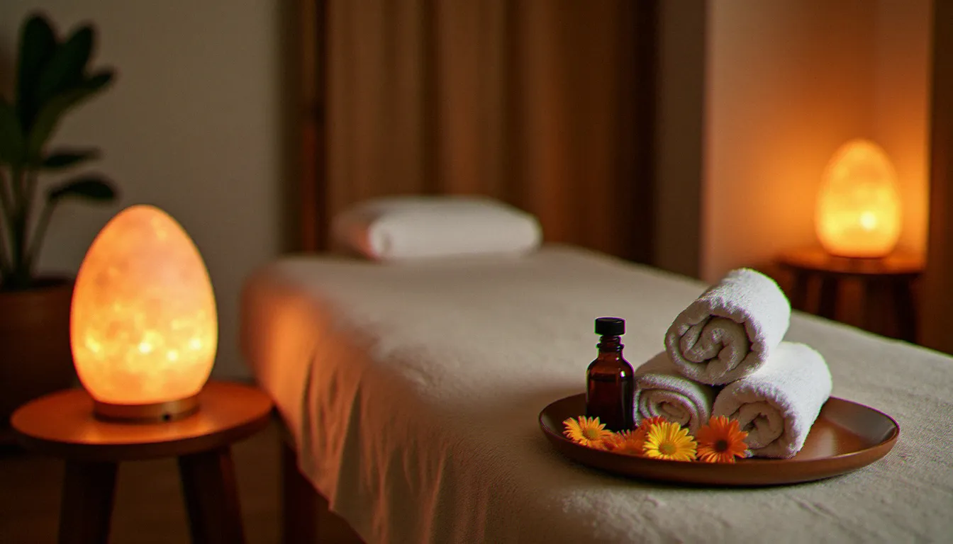 Cabinet de massage bien-être préparé pour une séance de modelage balinais sans couverture, avec table chauffante, huiles et ambiance lumineuse apaisante