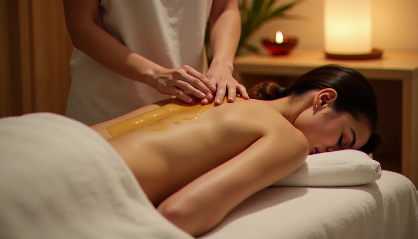 Praticienne appliquant de l'huile chaude sur le dos d'une cliente lors d'un massage sans couverture dans un cabinet bien-être à Vichy