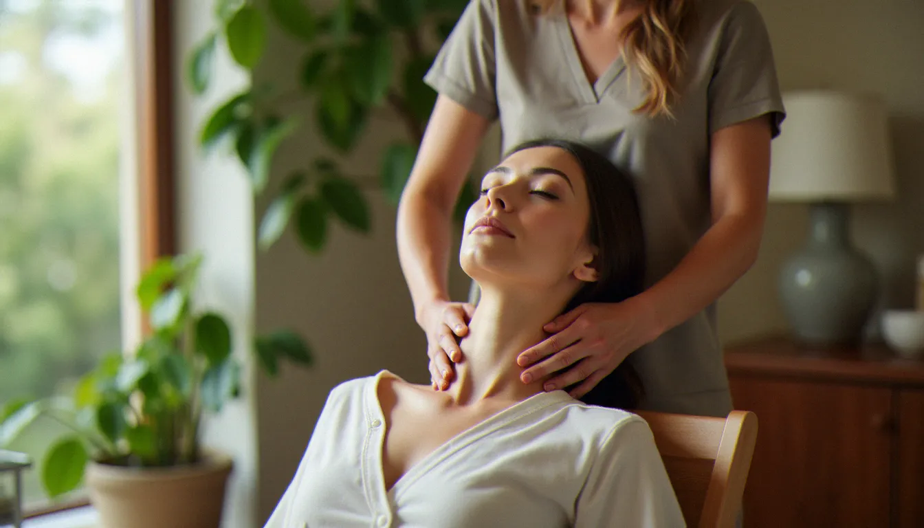 Femme assise les yeux fermés recevant un massage sans huile des épaules et de la nuque, praticienne debout derrière elle dans un espace bien-être lumineux entouré de plantes vertes