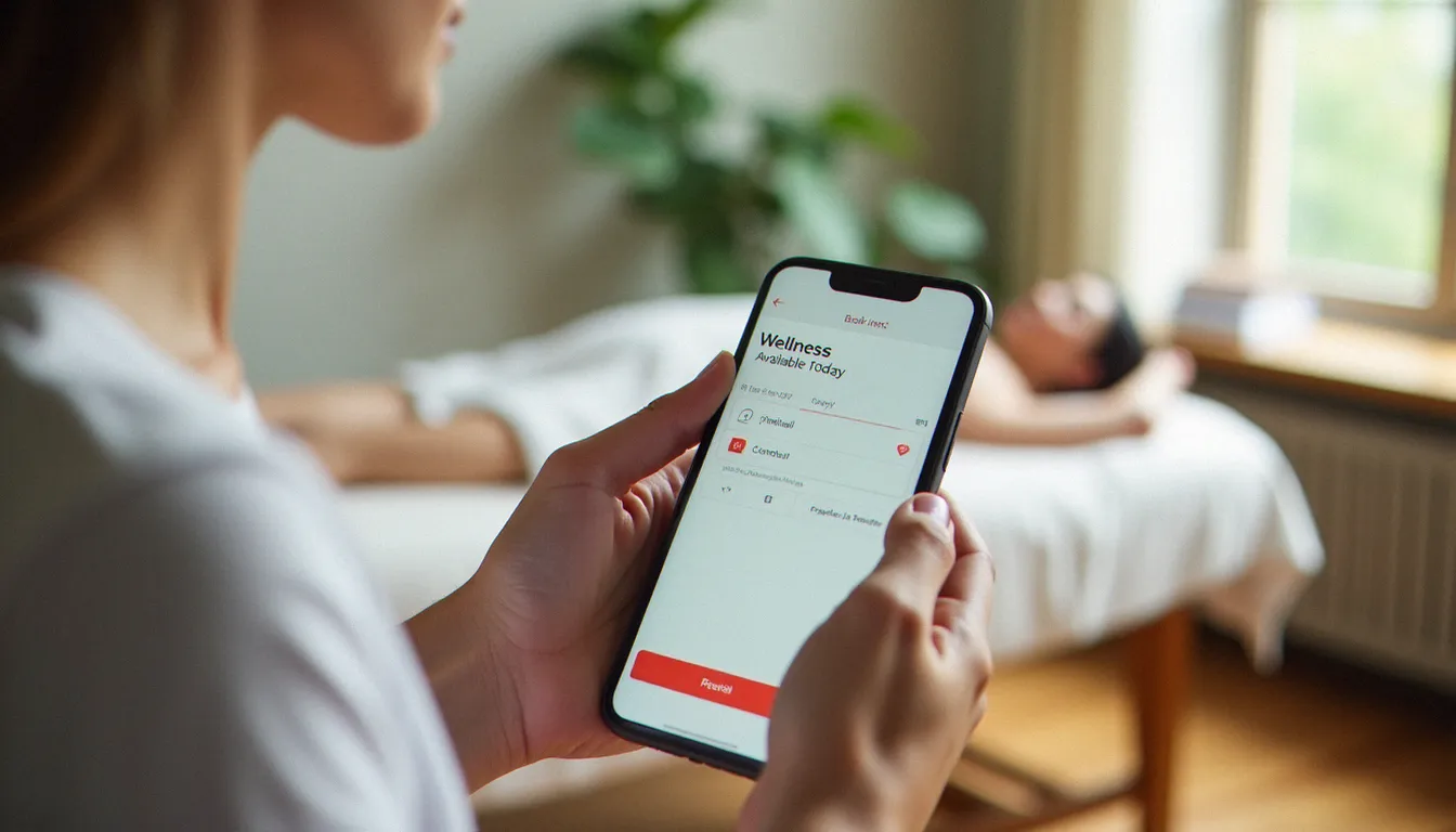 Application de réservation de massage sur smartphone affichant des créneaux disponibles immédiatement, pour trouver un massage sans rdv autour de soi