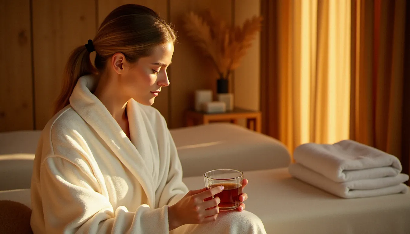 Personne en peignoir blanc se préparant pour une séance de massage dans un spa de Vichy, illustrant la préparation avant un soin de bien-être