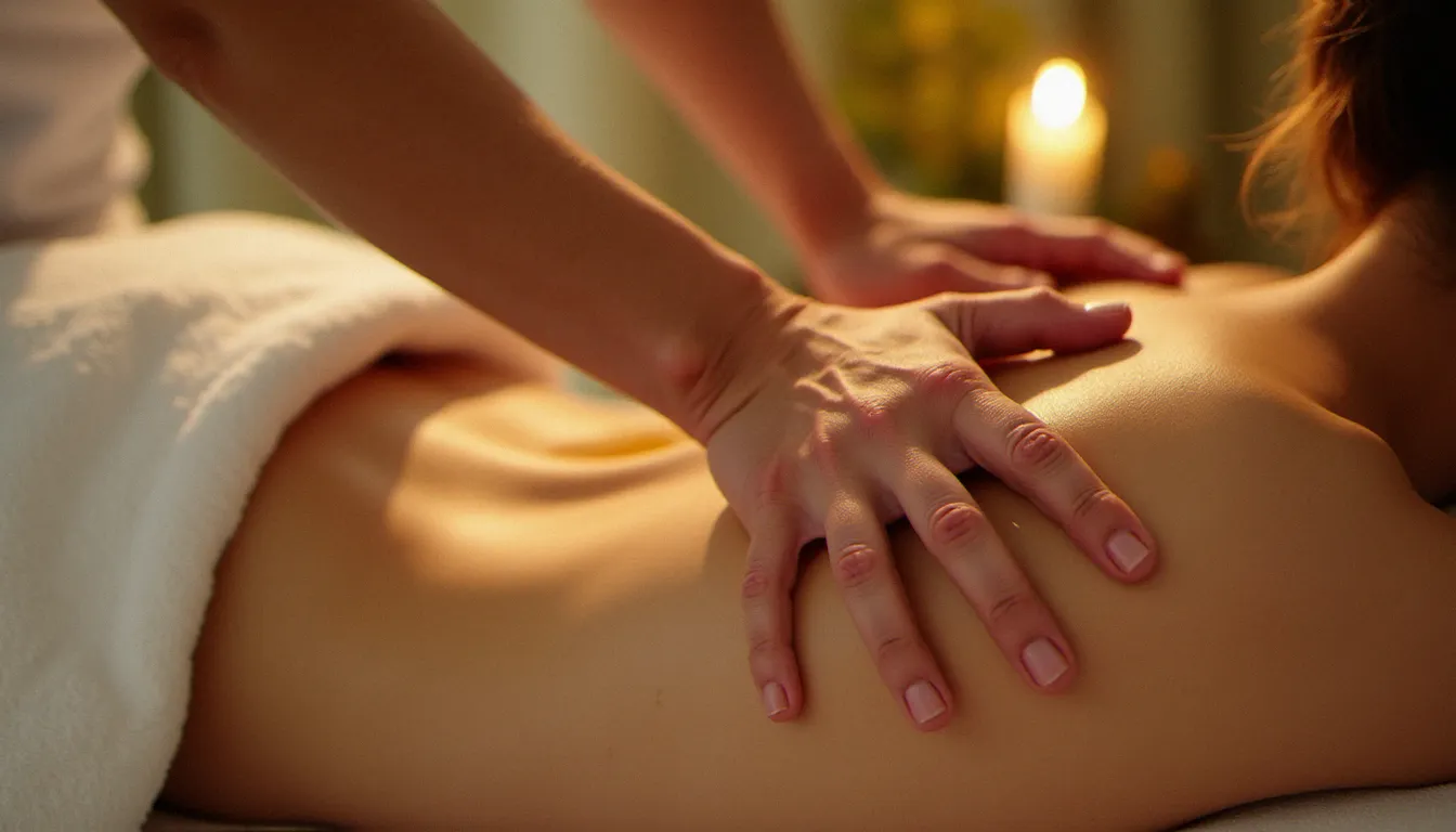 Mains expertes d'un praticien réalisant un massage suédois sur les épaules d'un client dans un institut de soin bien-être à Lyon