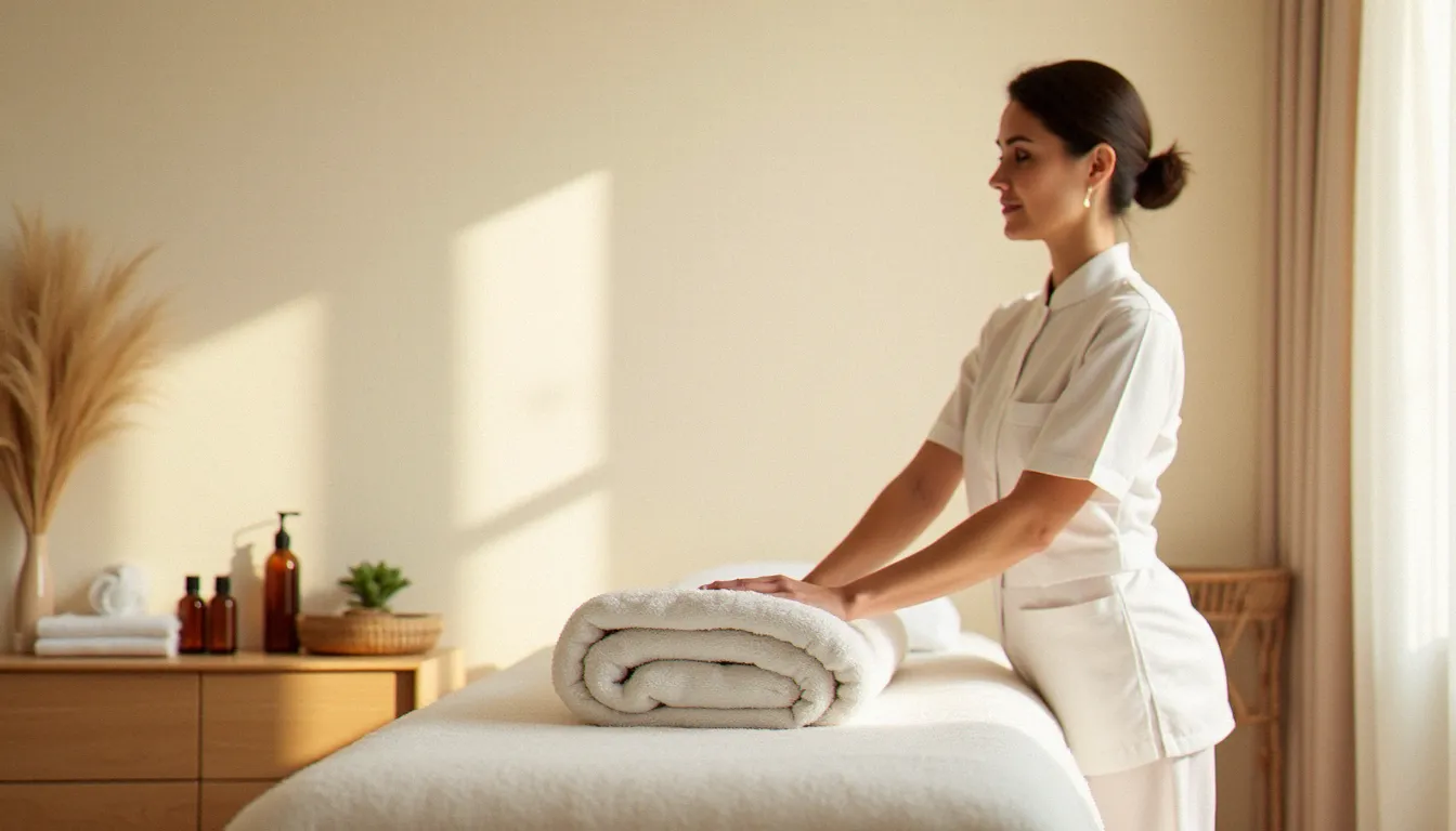 Espace de massage sans rendez-vous à Lyon avec table de soin préparée et praticienne en tenue blanche dans une lumière douce et apaisante