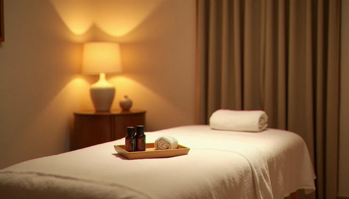 Salle de massage douce et apaisante avec table de soin drapée de lin blanc, illustrant l'ambiance d'un massage sans rendez-vous à Vichy