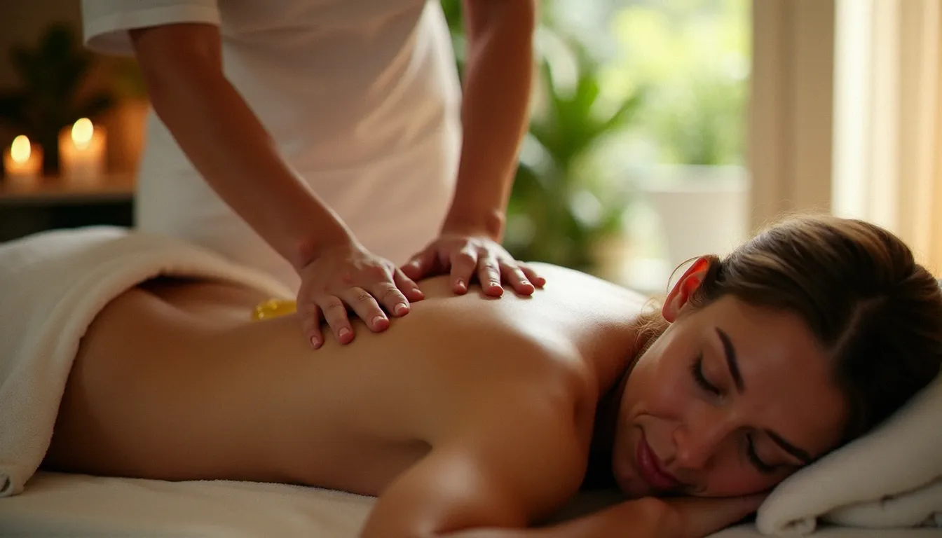 Mains d'une praticienne effectuant un massage thérapeutique sur le dos d'une cliente détendue dans un institut de bien-être vichyssois