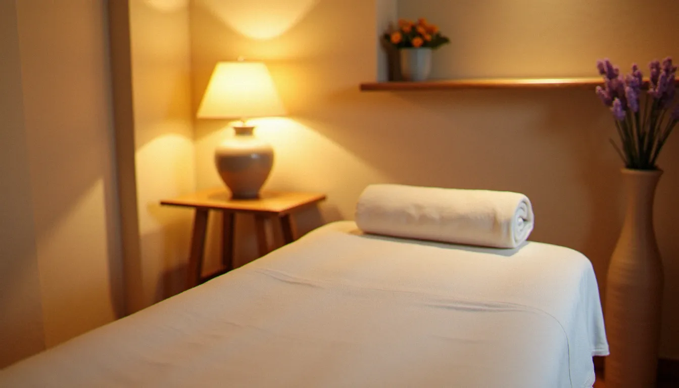 Salle de massage lumineuse et apaisante à Vichy, prête à accueillir un client pour un massage sans rendez-vous ouvert actuellement