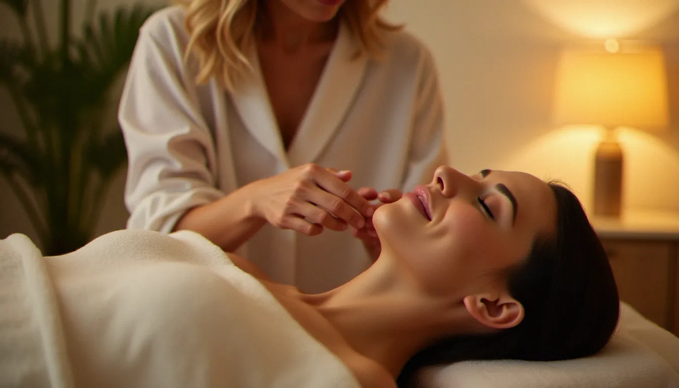 Praticienne réalisant un massage sans toucher le corps sur une cliente allongée habillée, dans un cabinet de bien-être lumineux à Vichy