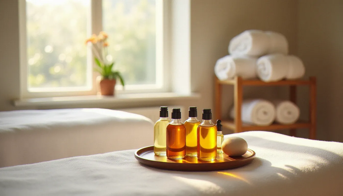 Plateau d'huiles de massage ayurvédiques posé sur un meuble en bois dans un centre de bien-être bordelais, serviettes blanches pliées en arrière-plan