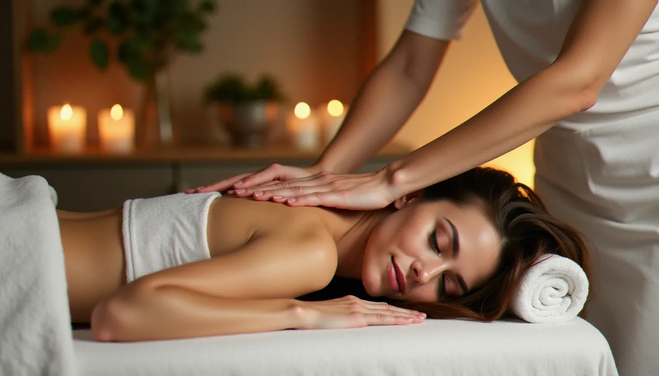 Praticienne réalisant le meilleur massage Bordeaux sur une cliente allongée sur une table de massage blanche dans un institut bien-être aux tons naturels