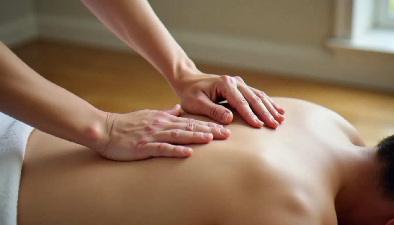 Gros plan sur les mains d'un praticien appliquant des pressions de shiatsu sur les épaules d'un client, lumière naturelle douce dans un espace de soin épuré