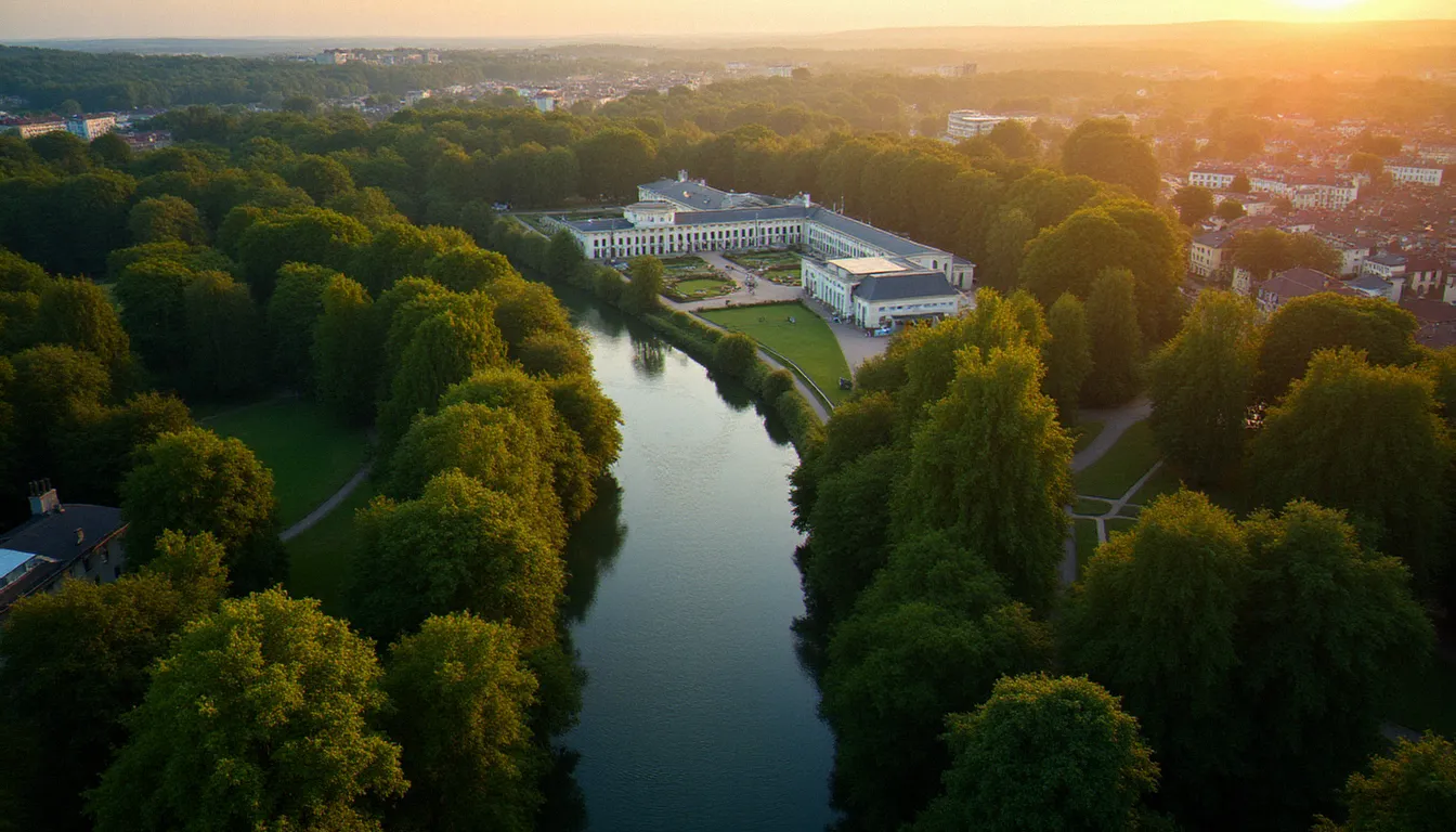 Vue aérienne de Vichy et de ses thermes historiques au bord de l'Allier au coucher du soleil, destination bien-être et massage d'exception en France