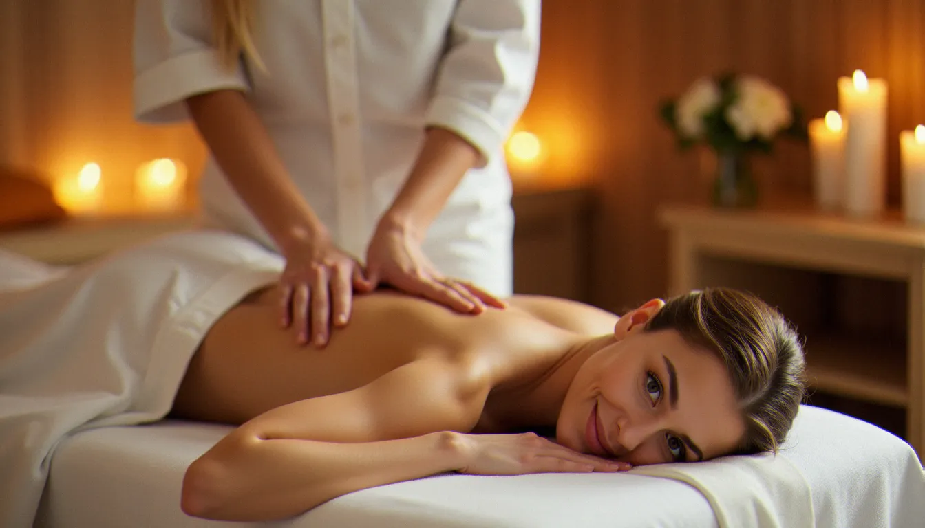 Praticienne réalisant un massage relaxant du dos sur une cliente allongée sur une table de soin, ambiance spa lumineuse et apaisante, illustrant la recherche du meilleur massage à Lille