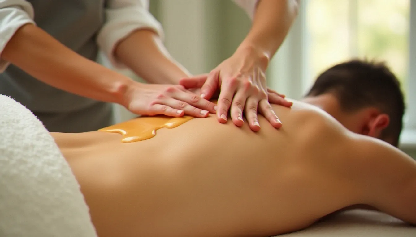 Mains d'un praticien réalisant un massage suédois sur le dos d'un client, technique douce et professionnelle en lumière naturelle dans un cabinet bien-être lyonnais