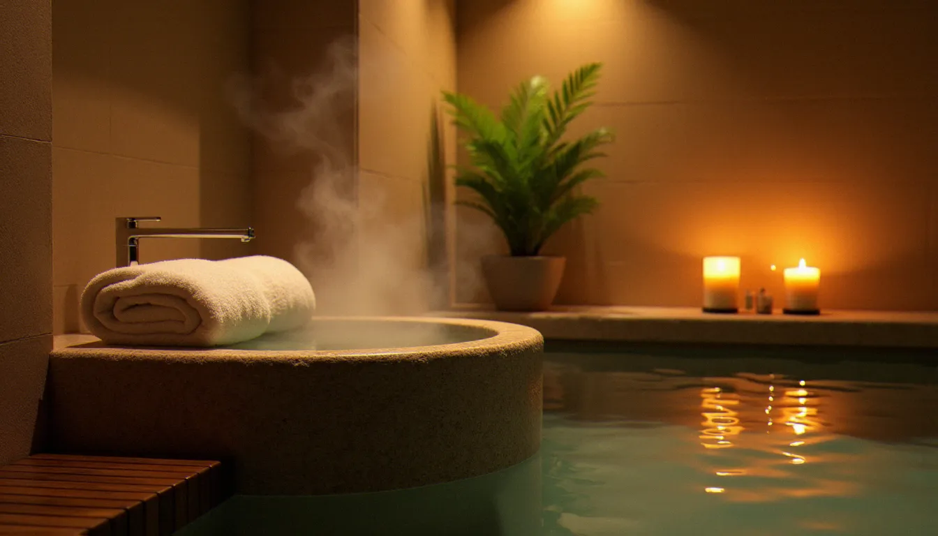 Espace bien-être thermal à Vichy avec bassin de pierre, serviettes blanches et éclairage doré, évoquant la tradition des soins corporels complémentaires au meilleur massage Lyon