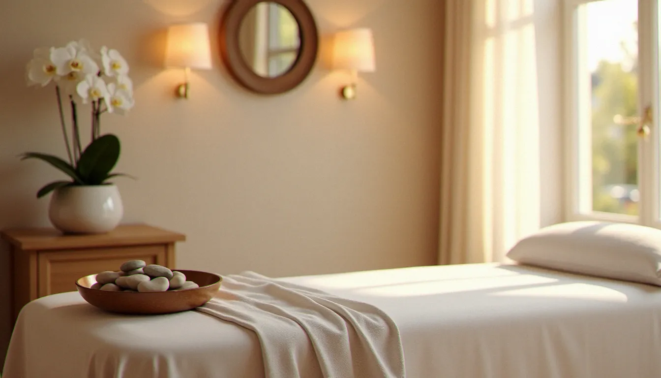 Salle de massage professionnelle à Lyon avec table de soin drapée de lin blanc, éclairage doux et pierres chaudes, illustrant le meilleur massage Lyon en ambiance spa
