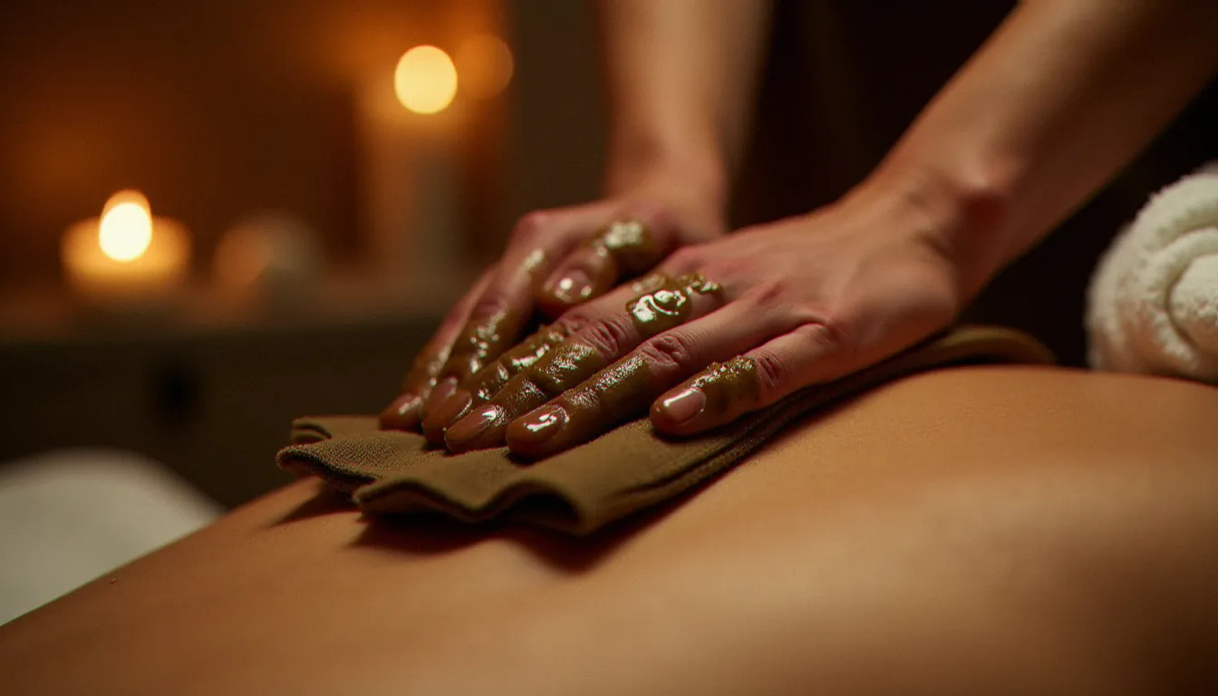 Gommage au gant kessa lors d'un hammam marocain à Marrakech, soin traditionnel au savon beldi pour révéler une peau neuve