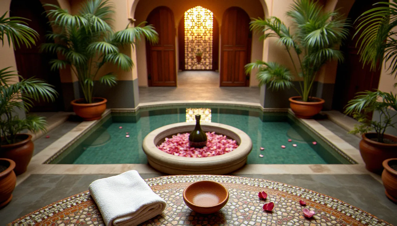 Patio d'un riad-spa de Marrakech avec fontaine et argile ghassoul, cadre idéal pour les meilleurs massages et soins bien-être de la ville ocre
