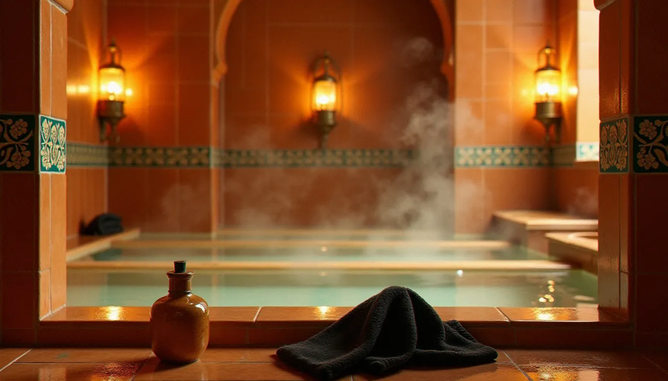 Intérieur d'un hammam traditionnel à Marrakech avec carreaux de zellige, vapeur douce et bouteille d'huile d'argan, évoquant le meilleur massage Marrakech