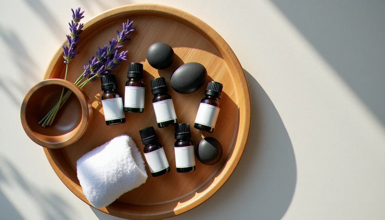 Vue du dessus d'huiles essentielles, pierres volcaniques et lavande fraîche sur plateau en bambou, représentant la diversité des types de massage disponibles à Marseille
