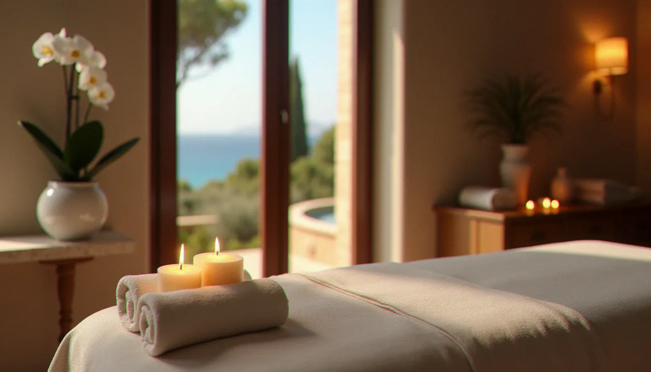 Cabine de massage épurée avec draps blancs immaculés, bougies allumées et fenêtre ouvrant sur un jardin méditerranéen, illustrant les critères d'excellence d'un bon praticien de massage à Marseille