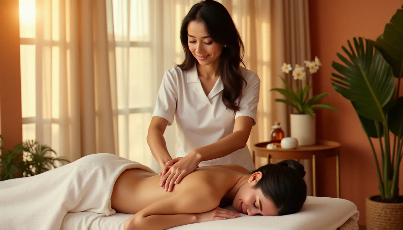Praticienne réalisant le meilleur massage Marseille dans une salle de soin méditerranéenne lumineuse avec table blanche, plantes vertes et huile d'amande douce