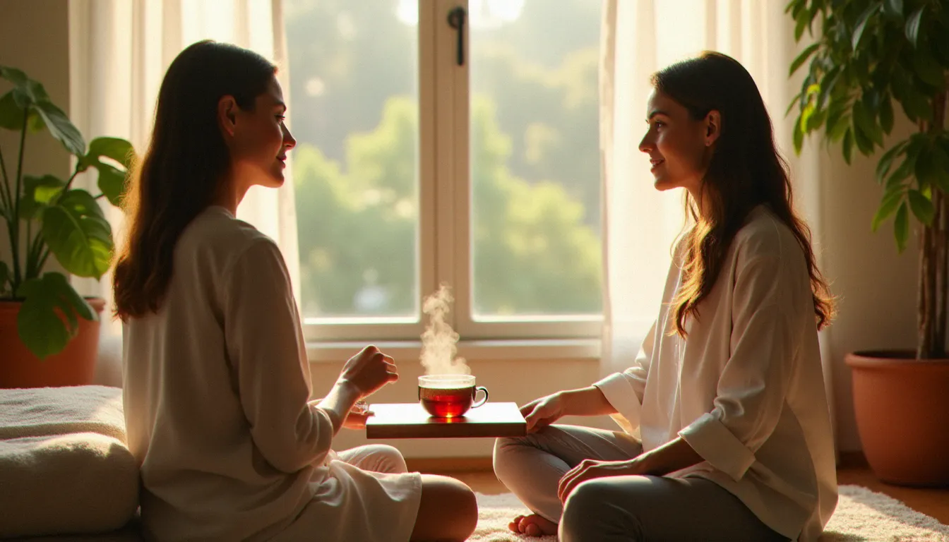 Entretien préalable entre praticienne bien-être et cliente dans un cabinet lumineux avant une séance de massage personnalisée