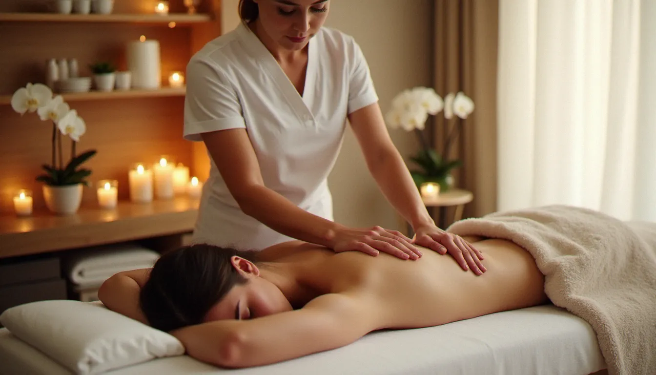 Praticienne réalisant le meilleur massage à Toulouse sur une table de soin blanche dans un espace bien-être lumineux et apaisant