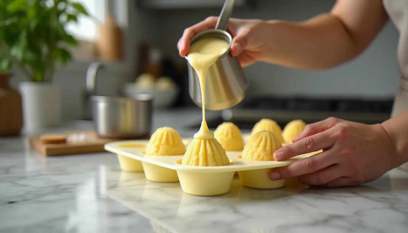 Préparation d'une recette de pain de massage maison avec coulage du mélange de beurres fondus dans des moules en silicone
