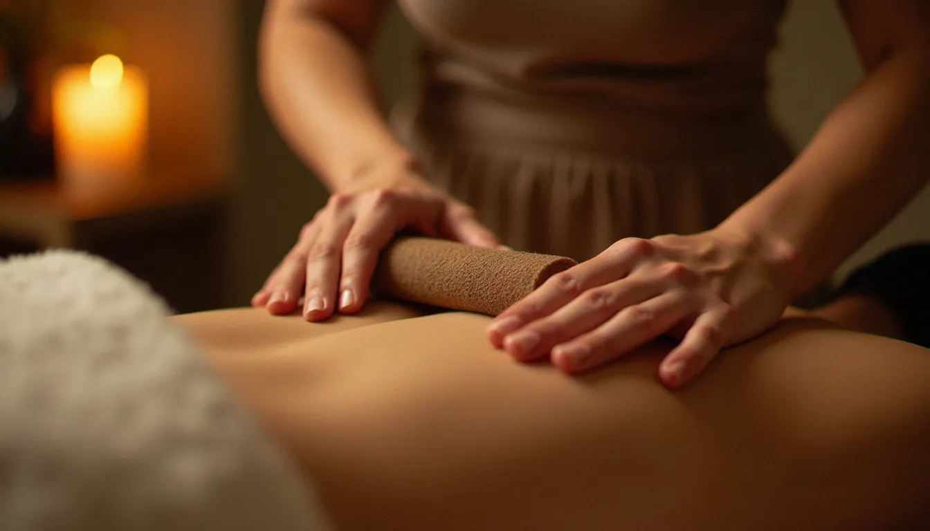 Praticienne bien-être appliquant un pain de massage artisanal sur le dos d'une cliente lors d'une séance de soin corporel dans un espace apaisant