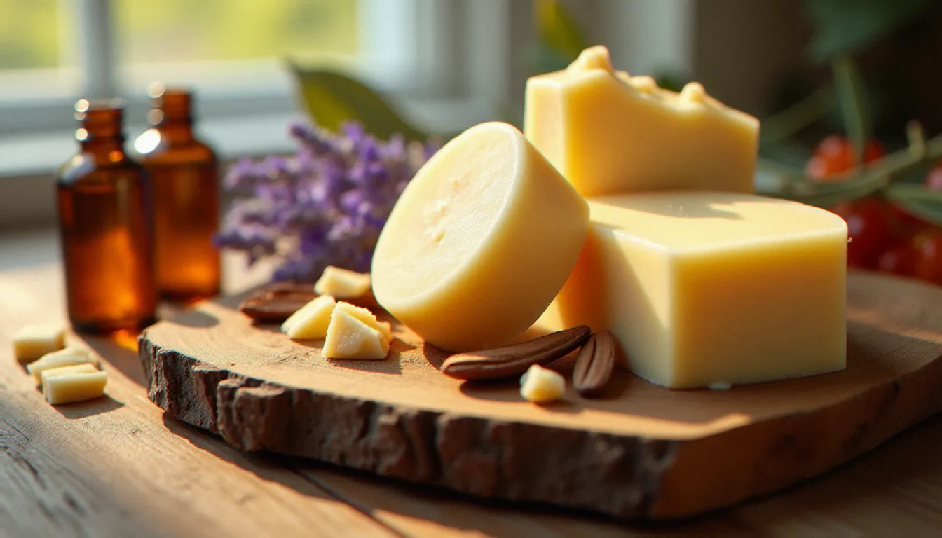 Recette de pain de massage artisanal avec beurre de karité, beurre de cacao et huiles essentielles posés sur un plateau en bois naturel