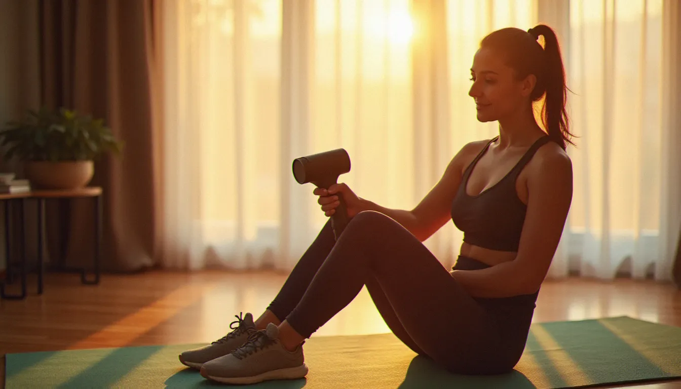 Femme utilisant un pistolet massage sur le mollet après le sport, illustrant une utilisation à domicile efficace