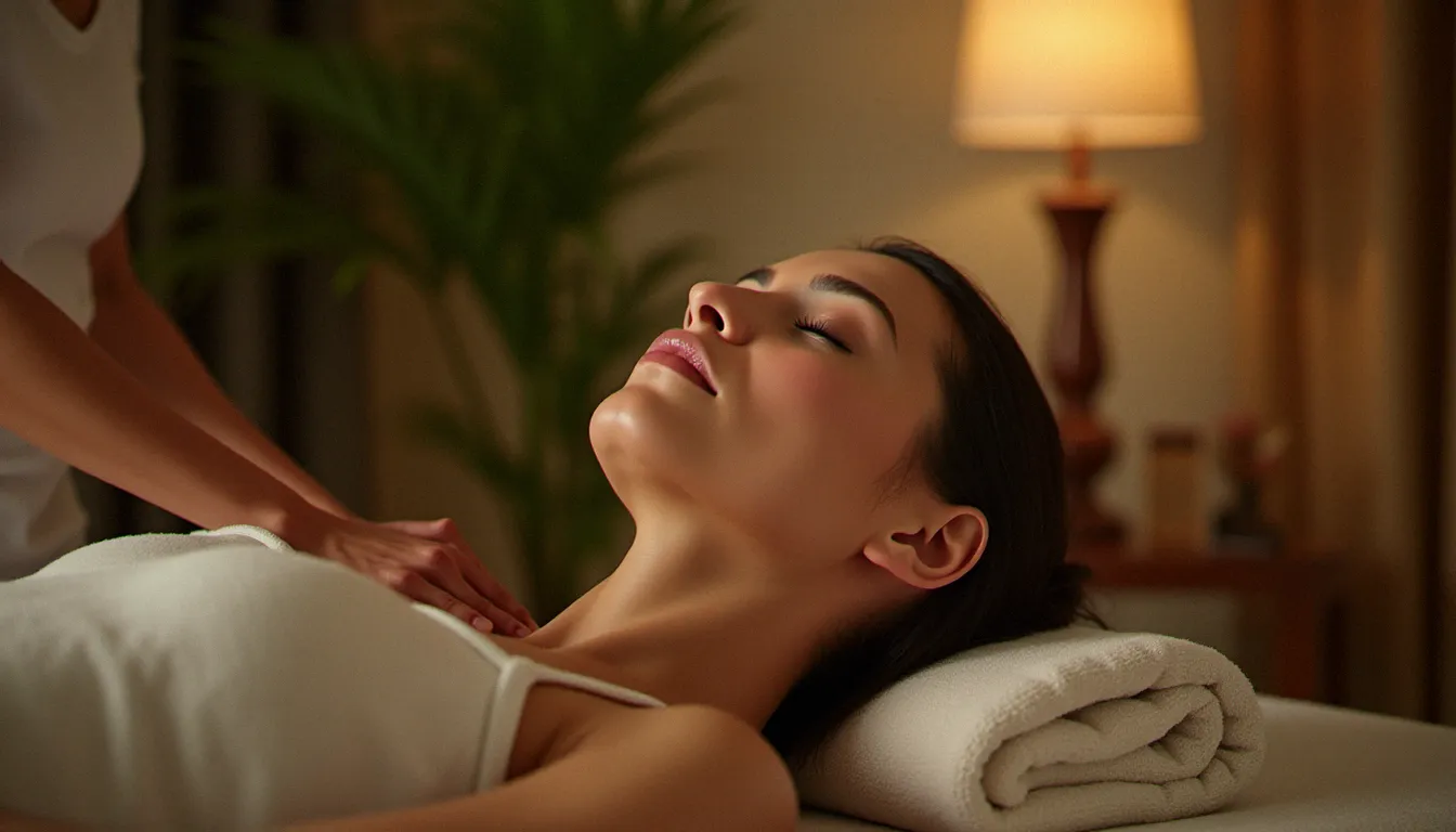Cliente en état de détente profonde lors d'un étirement passif de jambe en massage thaï, dans un espace bien-être paisible à Vichy