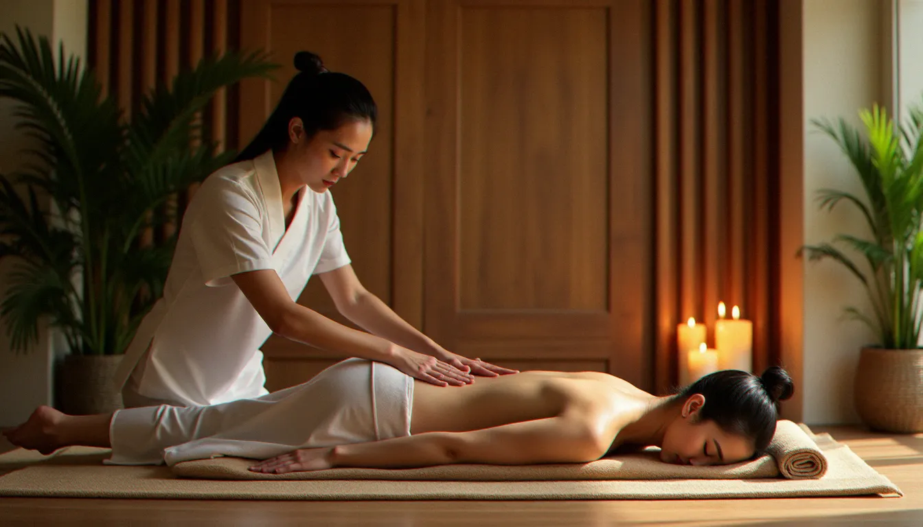 Praticienne effectuant un massage thaï avec pression des paumes sur le dos d'une cliente, illustrant pourquoi le massage thaï peut faire mal lors des premières séances