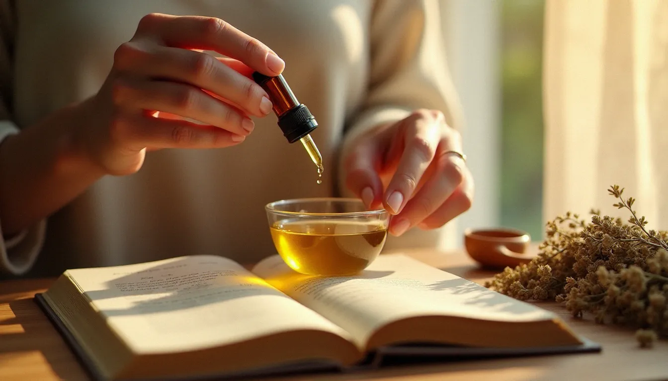 Préparation d'une recette de massage maison avec dosage précis d'huiles essentielles dans un bol d'huile végétale de jojoba dorée, lumière naturelle tamisée