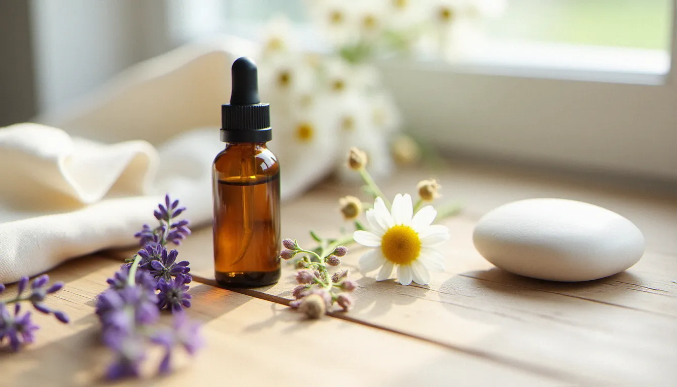 Recette massage huile essentielle présentée avec un flacon ambré, de la lavande fraîche et de la camomille séchée sur tissu de lin naturel