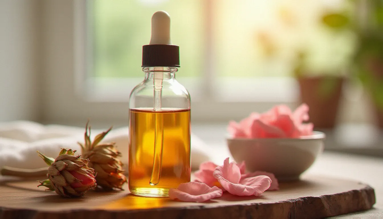 Flacon d'huile essentielle de rose posé sur un plateau en bois avec des boutons de rose séchés, éclairage naturel doux dans un espace bien-être