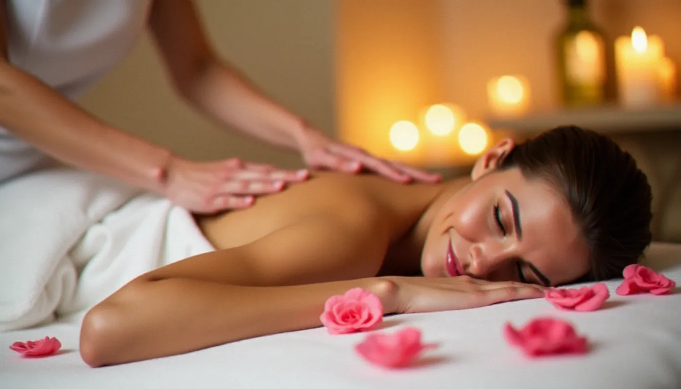 Praticienne appliquant de l'huile de rose massage sur le dos d'une cliente allongée sur une table de soin, pétales de rose rose sur le drap blanc