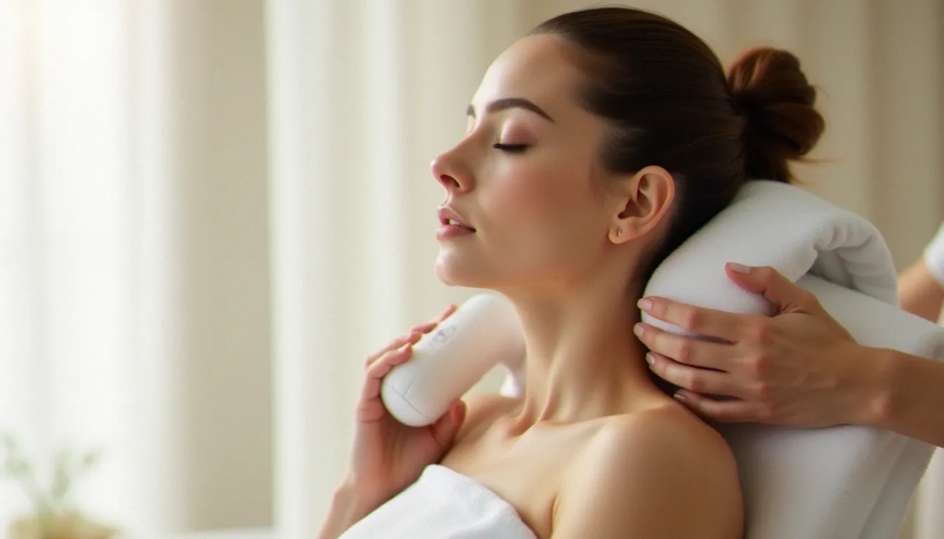 Femme les yeux fermés tenant un appareil de siaasoo massage sur sa nuque dans une atmosphère zen et lumineuse