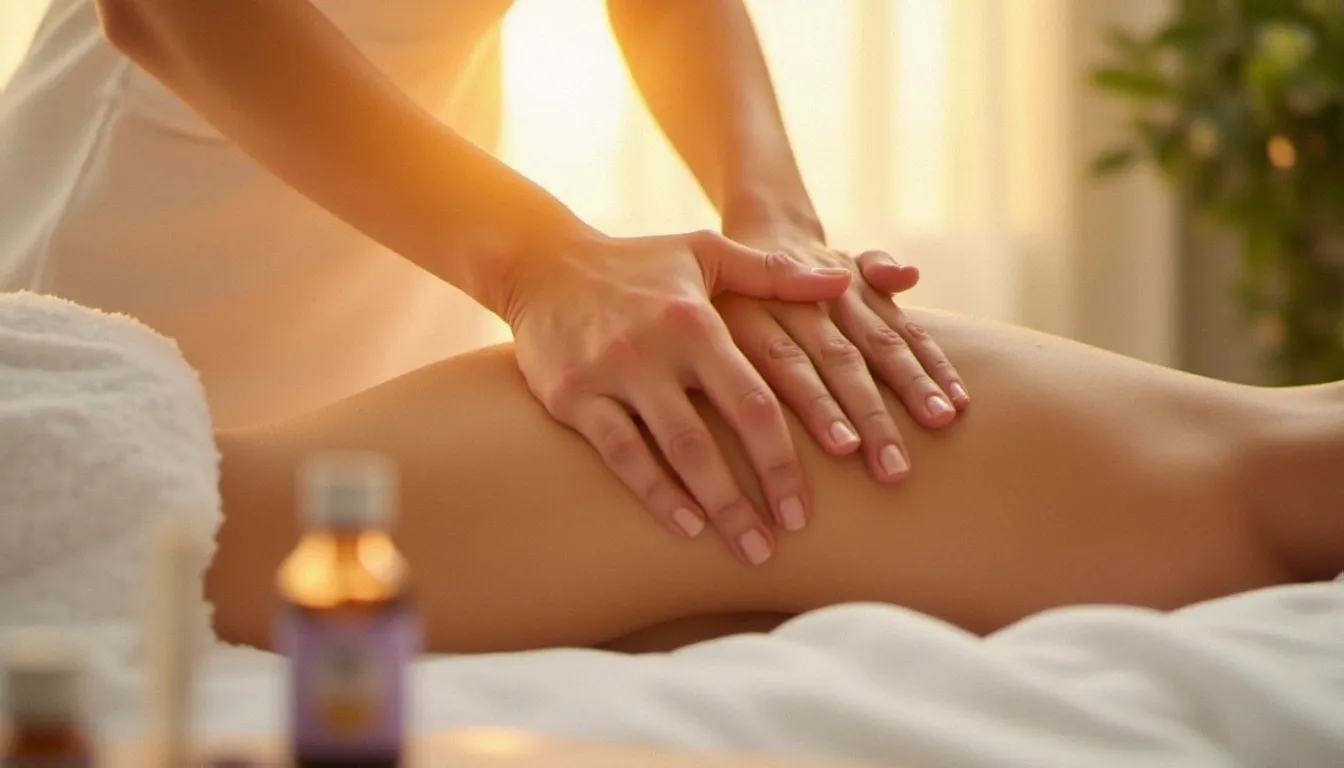 Gros plan sur les mains d'une praticienne en corolle autour de l'épaule d'une cliente lors d'un massage bien-être aux huiles essentielles