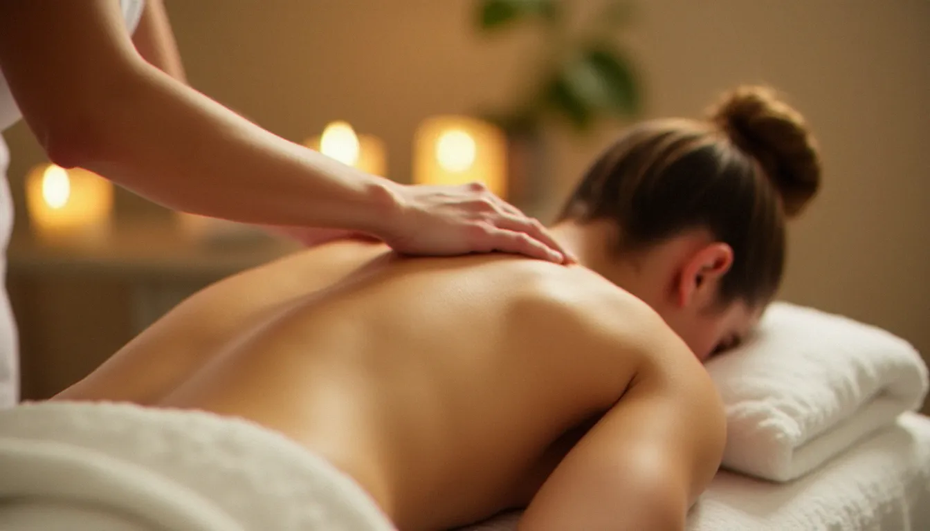 Mains d'une praticienne appliquant une huile végétale sur le dos d'une cliente lors d'un soin enveloppant de type tulipe massage