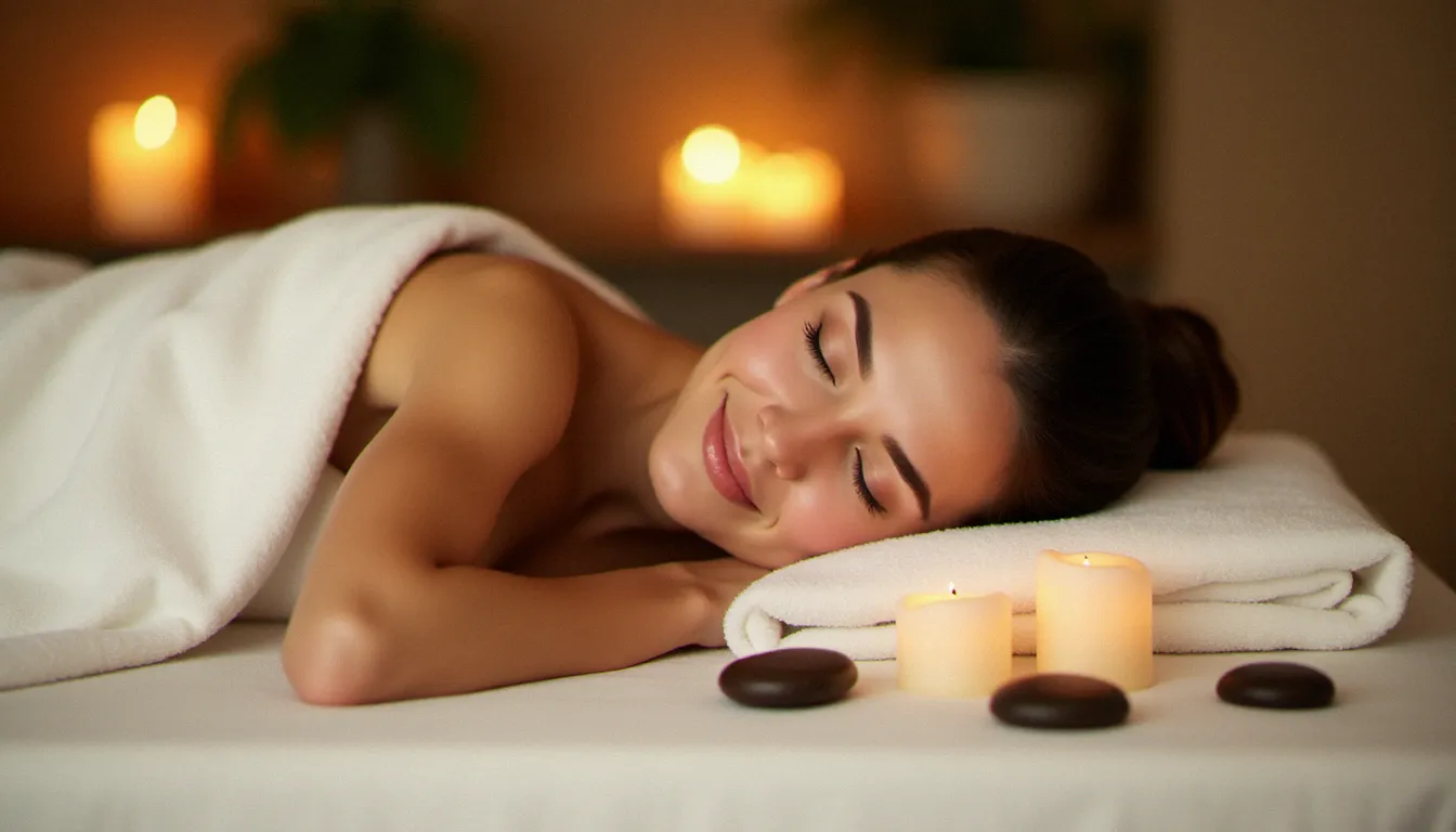 Cliente enveloppée dans une couverture blanche après une séance de massage holistique, visage apaisé et souriant dans une ambiance de spa chaleureuse