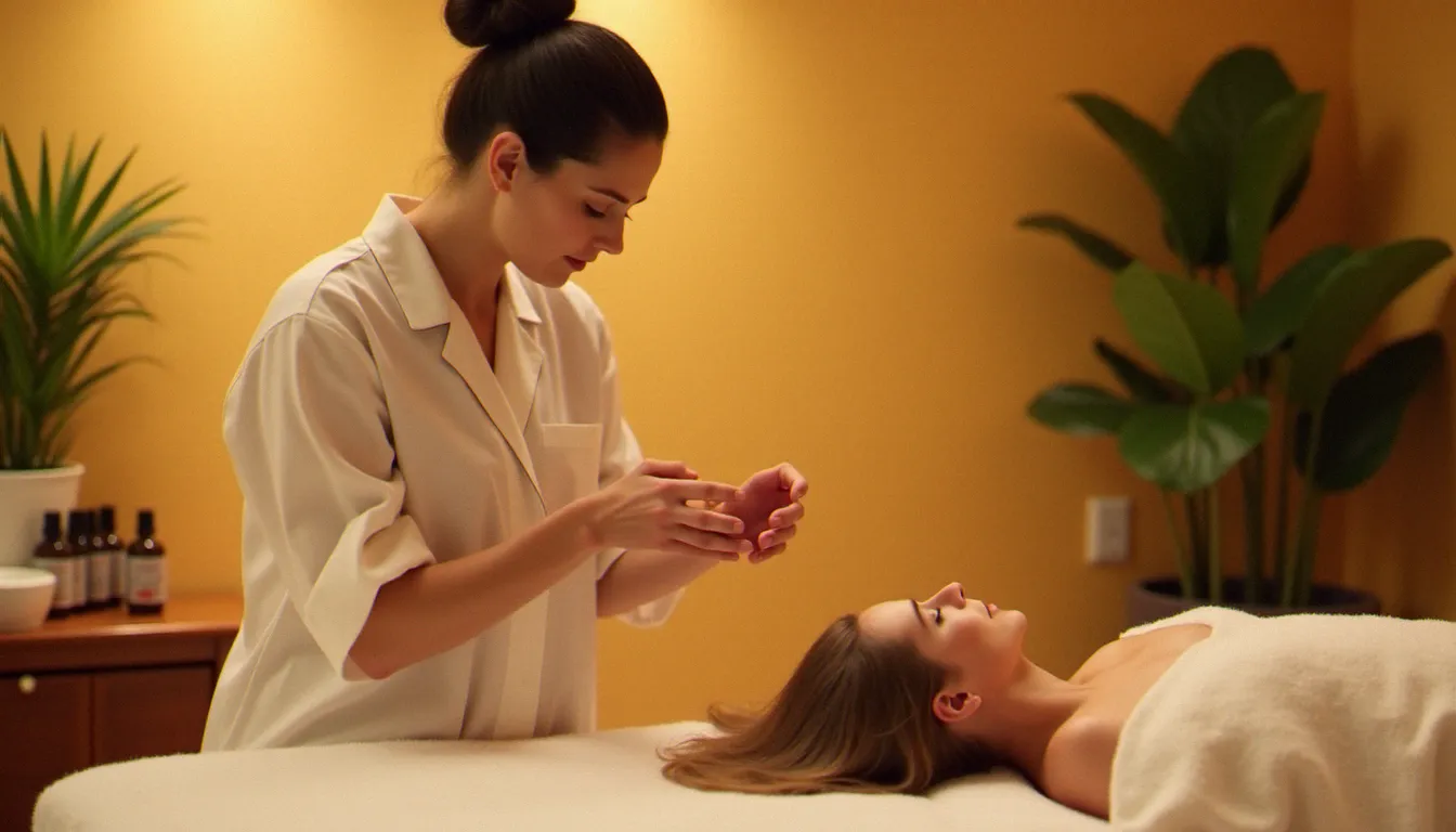 Praticienne réalisant un massage tulipe sur une cliente allongée dans un institut de bien-être à l'ambiance lumineuse et apaisante