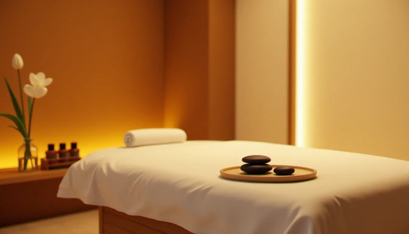 Table de massage bien-être dans une salle apaisante, avec une tulipe posée près des huiles essentielles, illustrant l'ambiance du tulipe massage