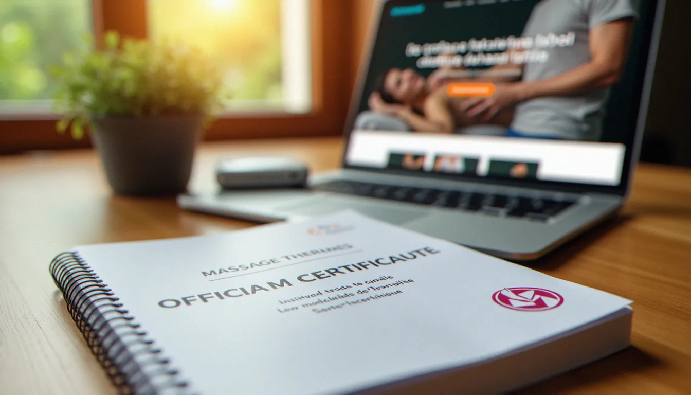 Document de certification officielle pour une formation massage reconnue posé sur un bureau avec un ordinateur portable