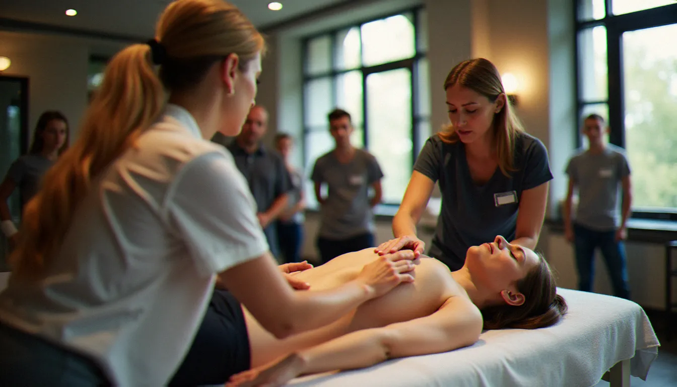 Session de formation pratique au massage dans une école professionnelle, avec une instructrice encadrant une étudiante sur une table de soin